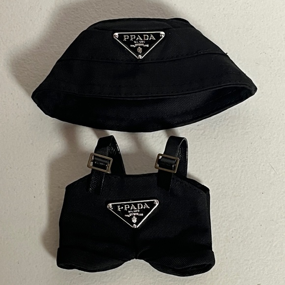 Designer Overalls Bucket Hat 2 Piece Outfit For Labubu Black Suspenders - Picture 1 of 6